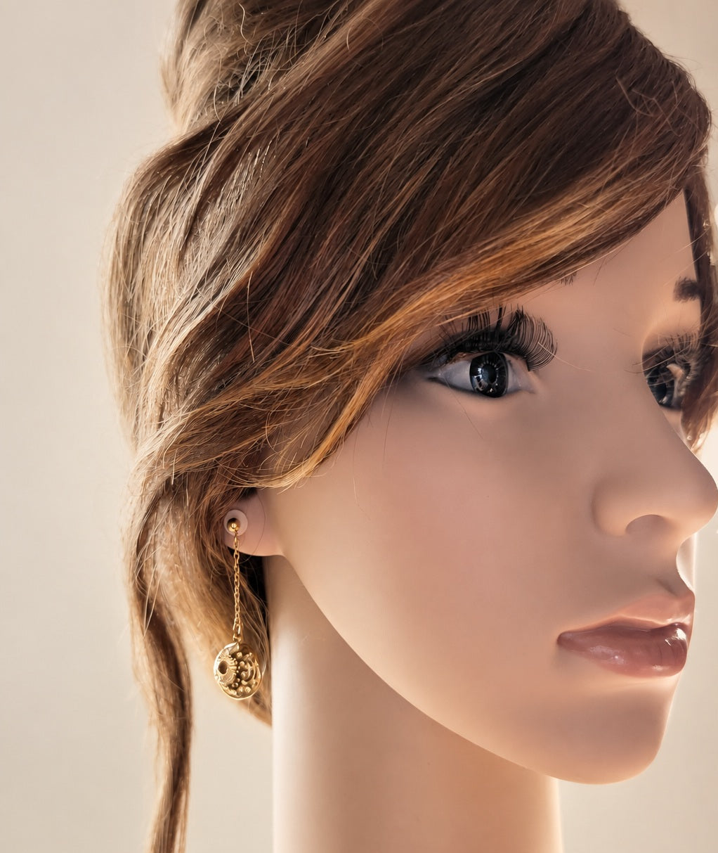 Boucles d’oreilles pendantes Lune et Soleil en acier inoxydable doré