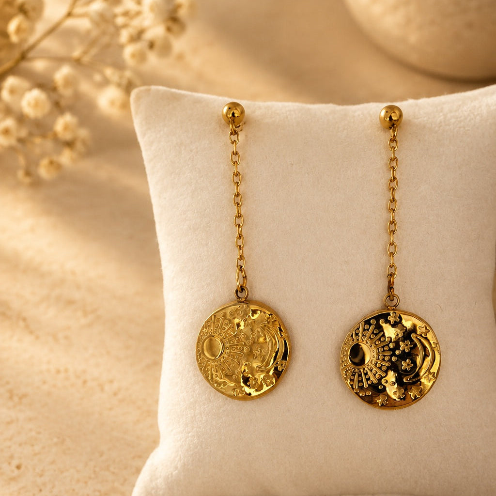 Boucles d’oreilles pendantes Lune et Soleil en acier inoxydable doré