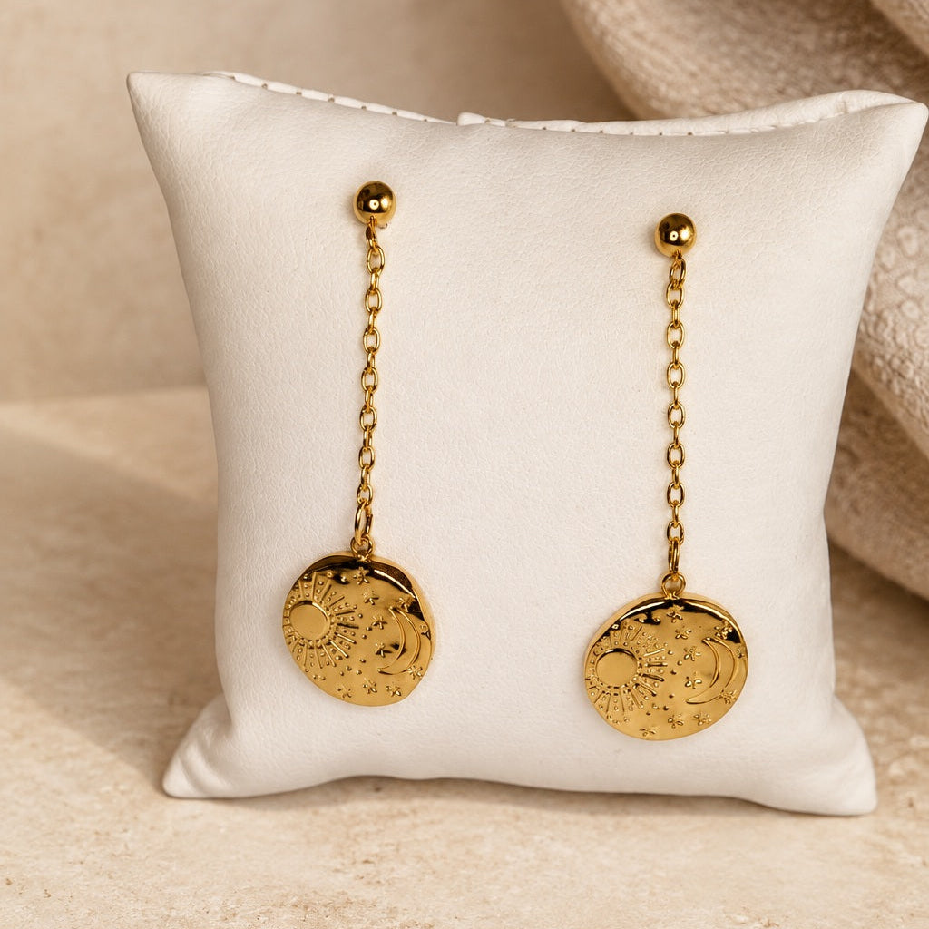 Boucles d’oreilles pendantes Lune et Soleil en acier inoxydable doré