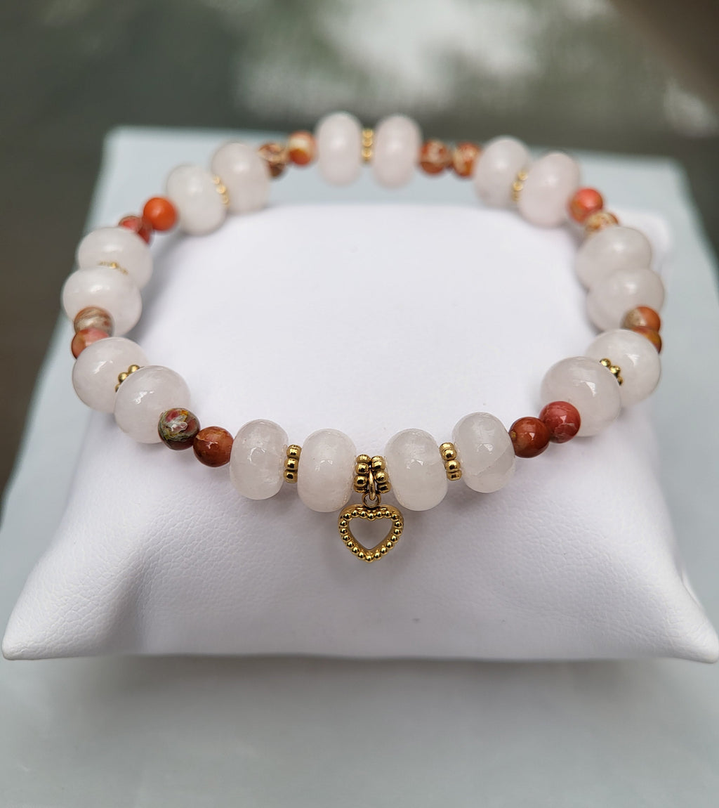 Bracelet en quartz rose et cœur évidé doré 18K