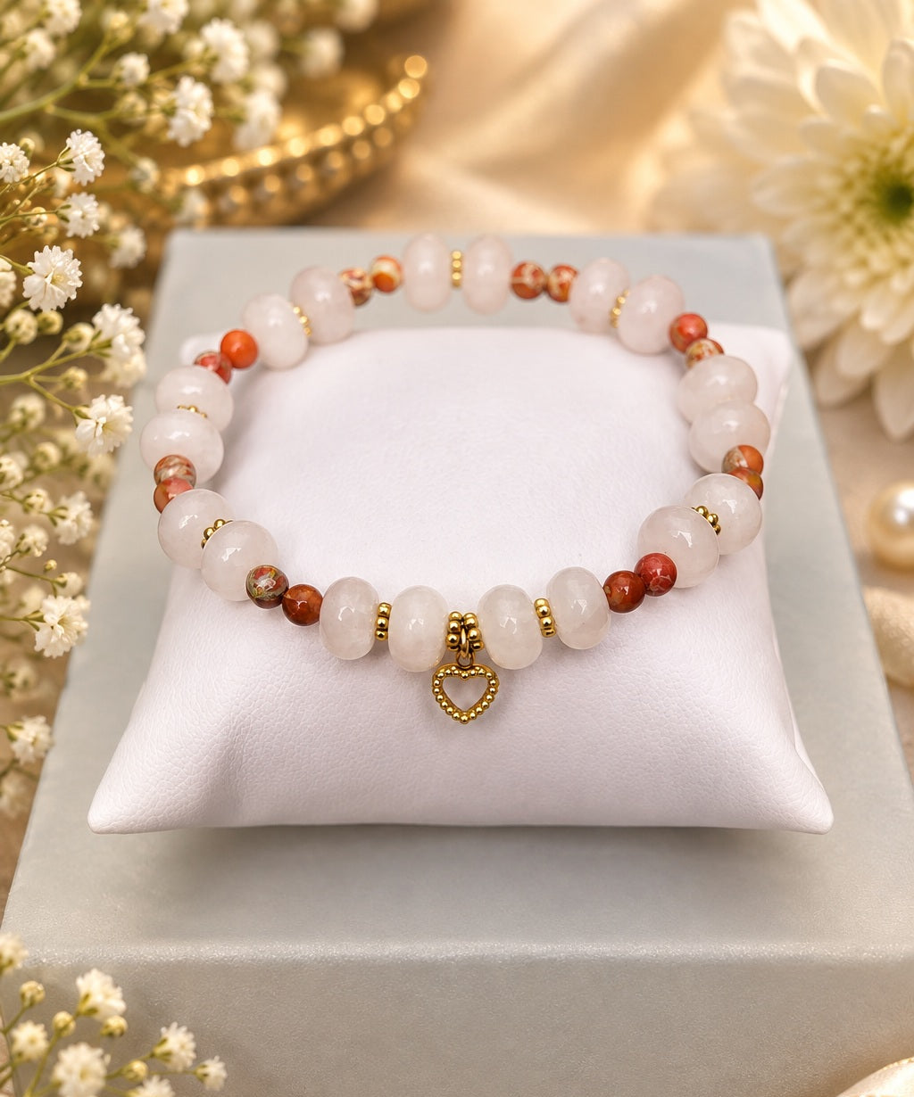 Bracelet en quartz rose et cœur évidé doré 18K