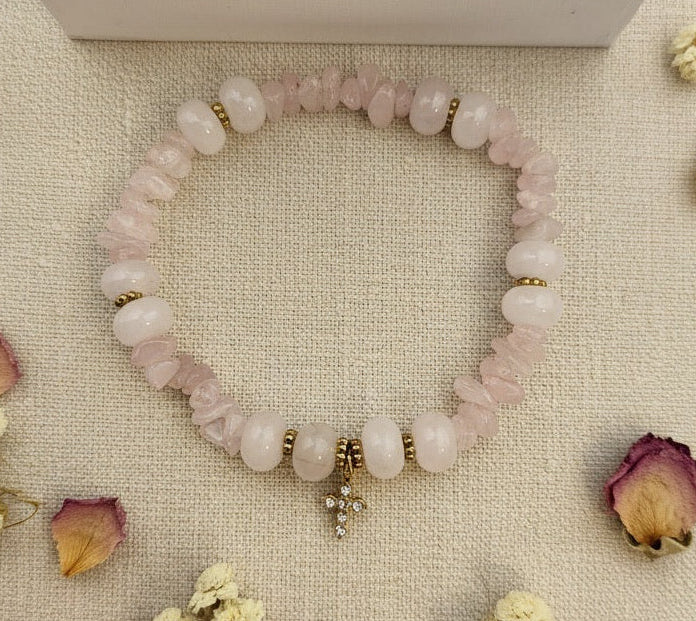 Bracelet Femme Quartz Rose et Croix Doré en Zirconium
