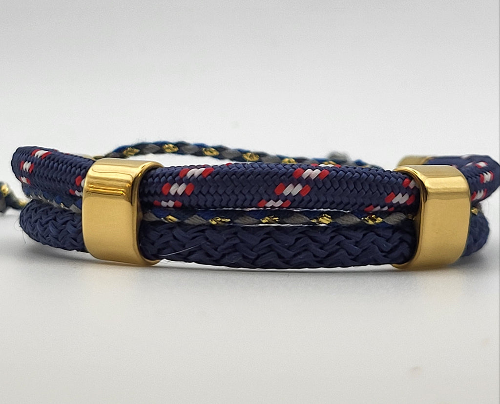 Bracelet Homme Ajustable 3 Rangs Cordons Tressés – Bleu Marine, Rouge et Taupe Doré