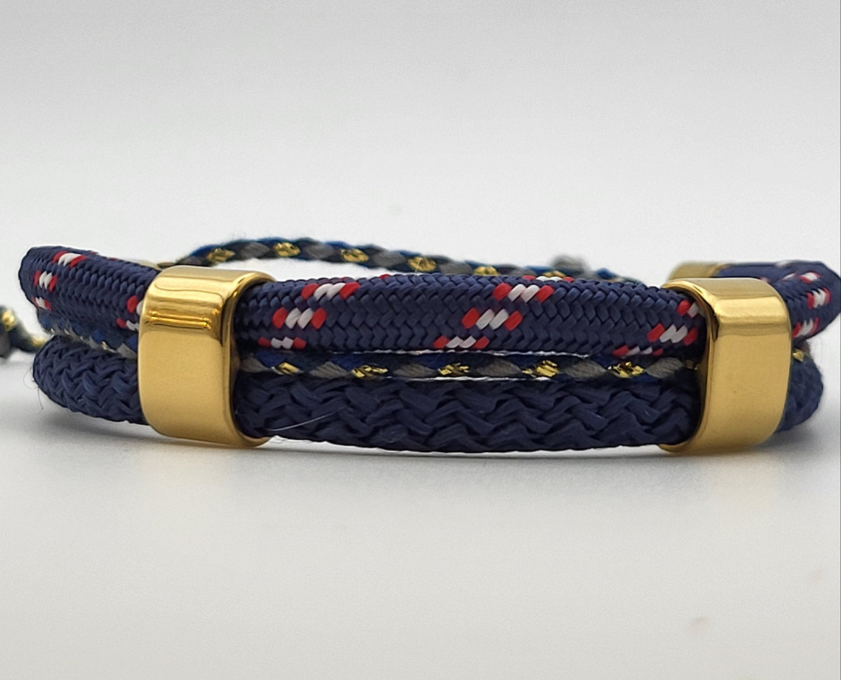 Bracelet Homme Ajustable 3 Rangs Cordons Tressés – Bleu Marine, Rouge et Taupe Doré