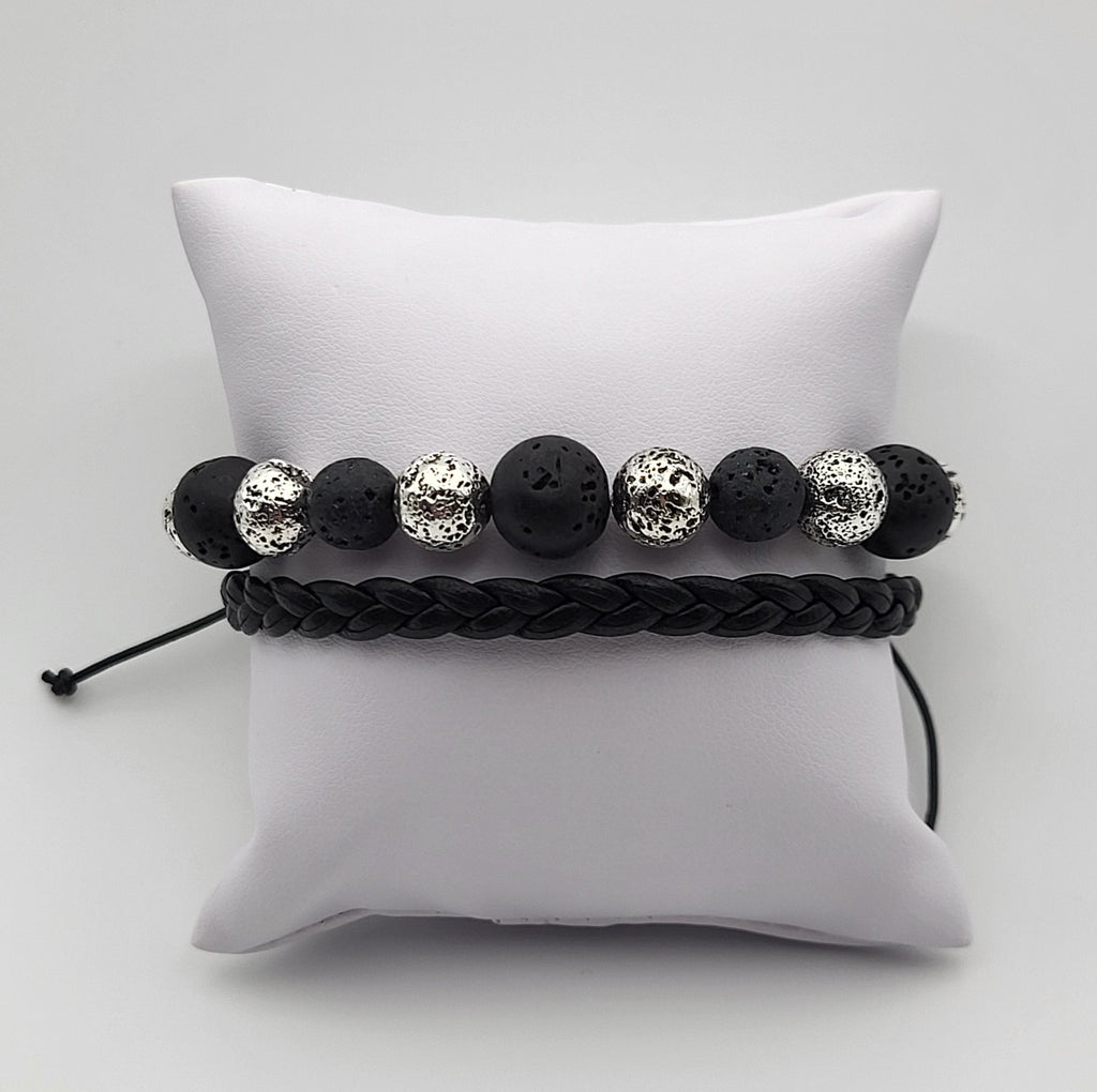 Bracelet Pierre de Lave et Cuir Tressé Noir – 2 Rangs – Force et Ancrage