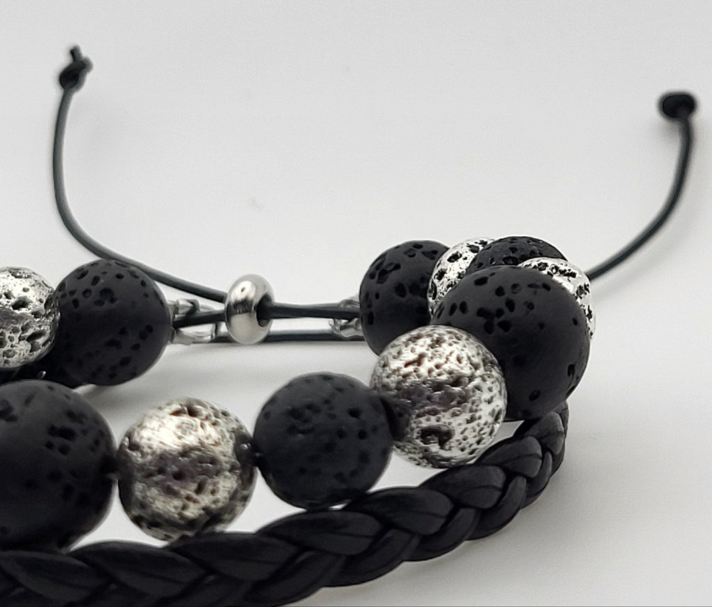 Bracelet Pierre de Lave et Cuir Tressé Noir – 2 Rangs – Force et Ancrage