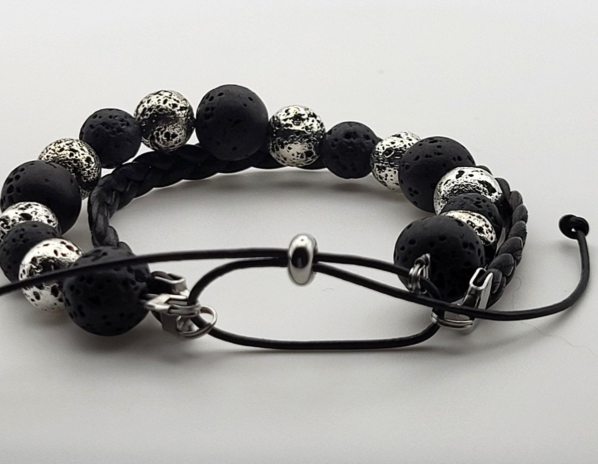 Bracelet Pierre de Lave et Cuir Tressé Noir – 2 Rangs – Force et Ancrage