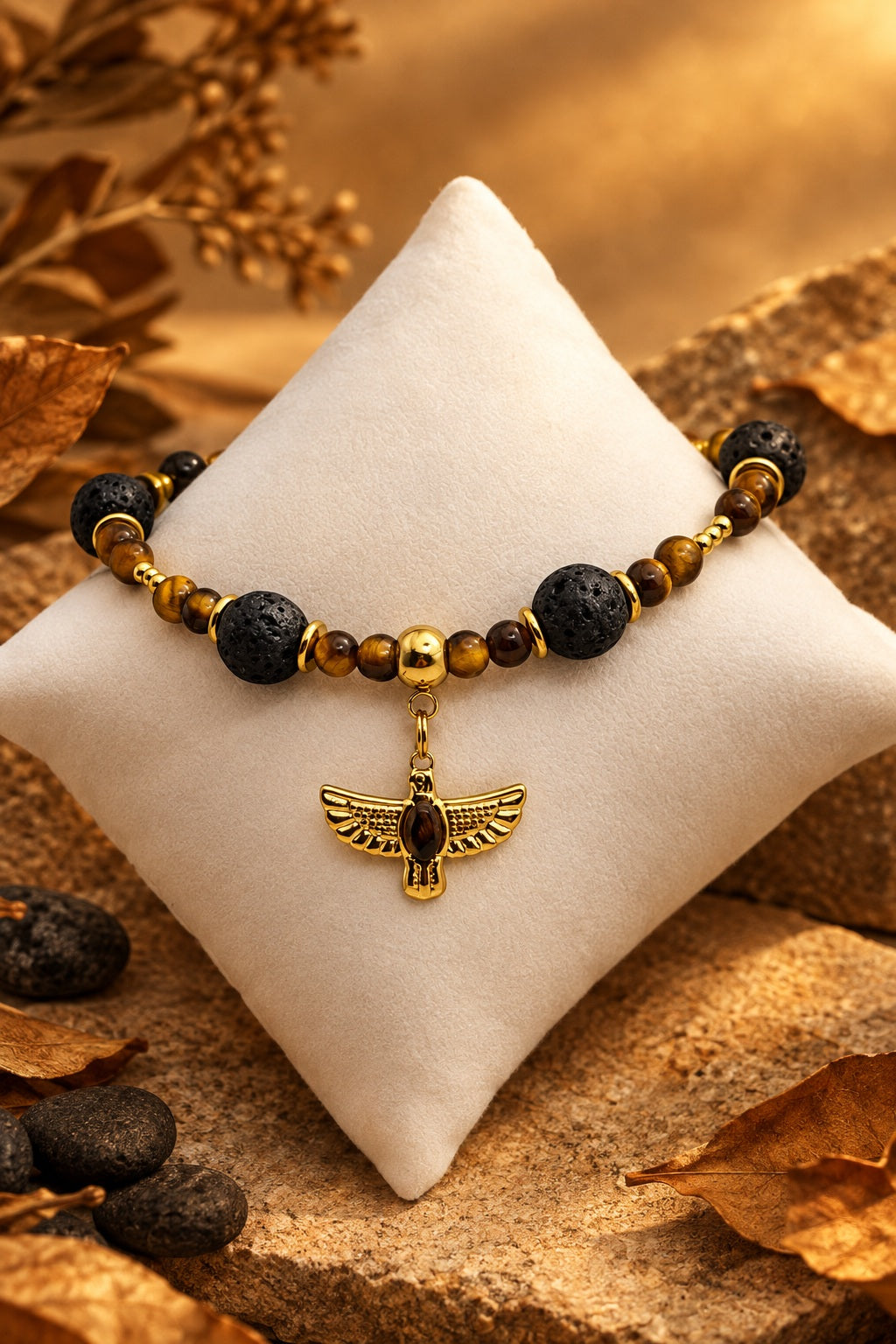 Bracelet Homme Aigle - Œil de Tigre et Pierre de Lave