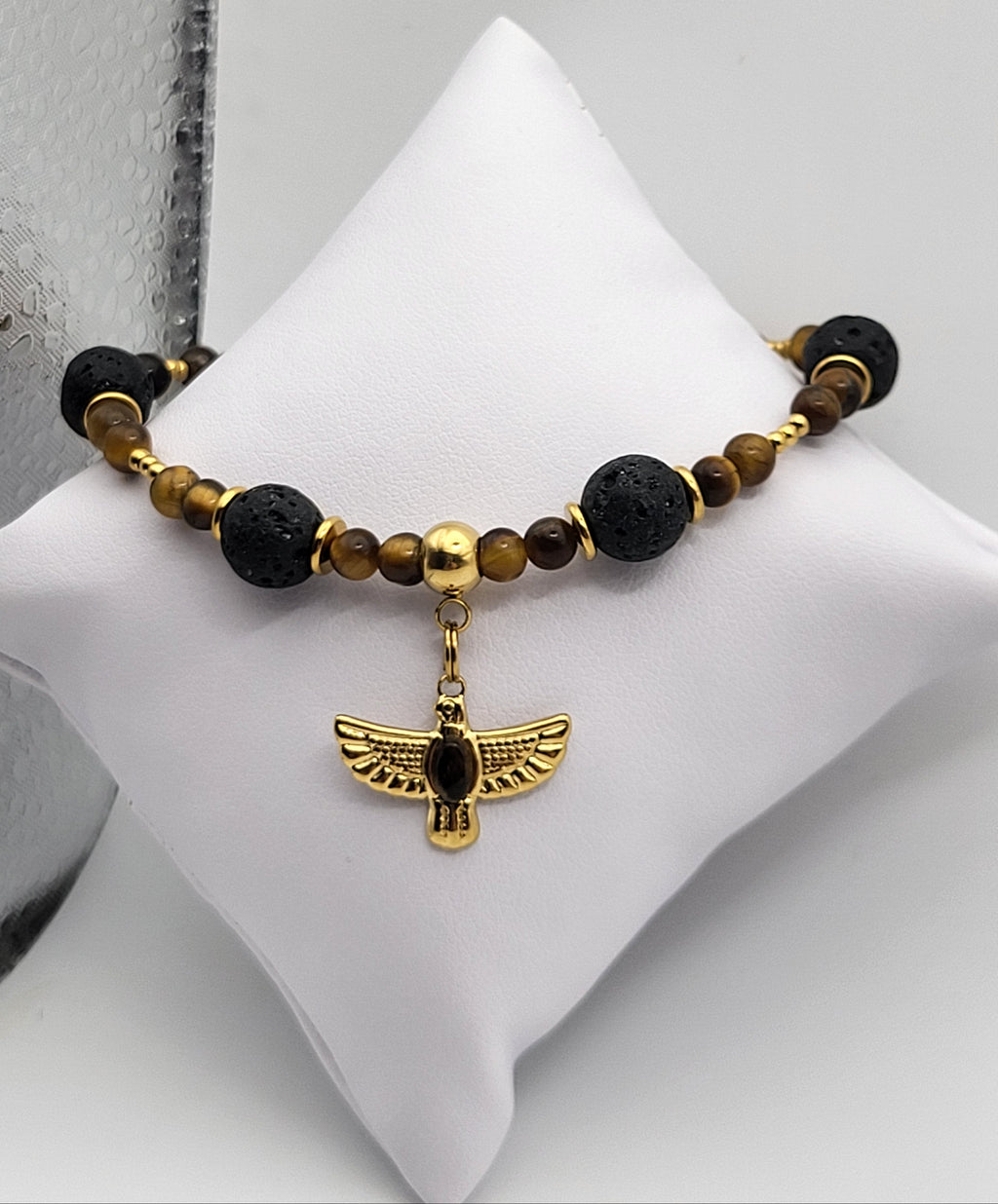 Bracelet Homme Aigle - Œil de Tigre et Pierre de Lave