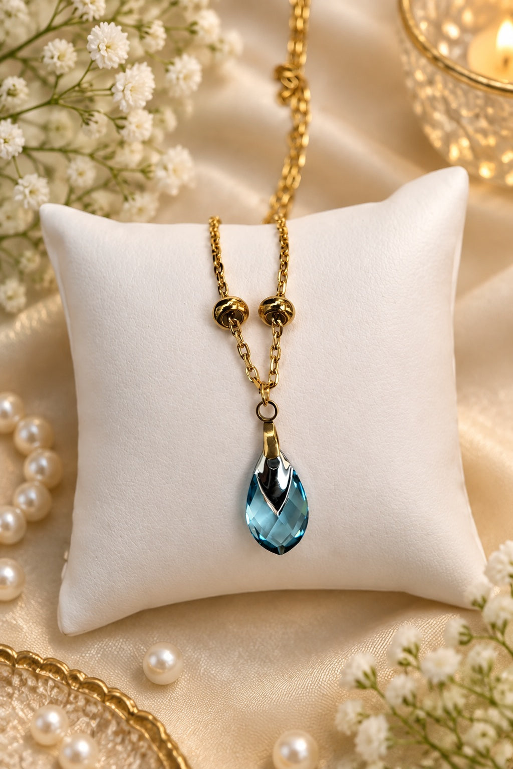 Collier Femme Pendentif Poire - Aquamarine et Acier Doré