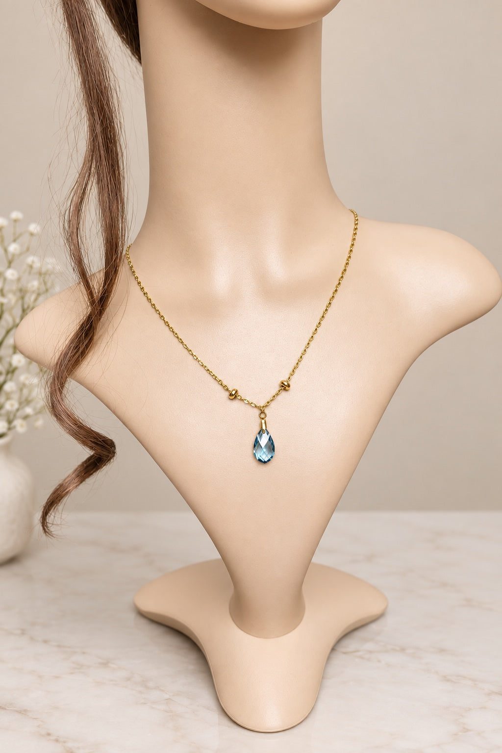 Collier Femme Pendentif Poire - Aquamarine et Acier Doré