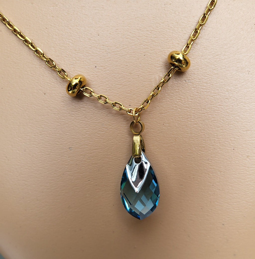 Collier Femme Pendentif Poire - Aquamarine et Acier Doré
