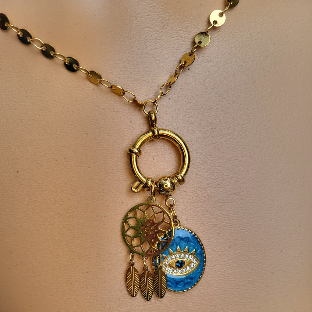 Collier Femme Œil Protecteur Bleu – Attrape-Rêves et Strass