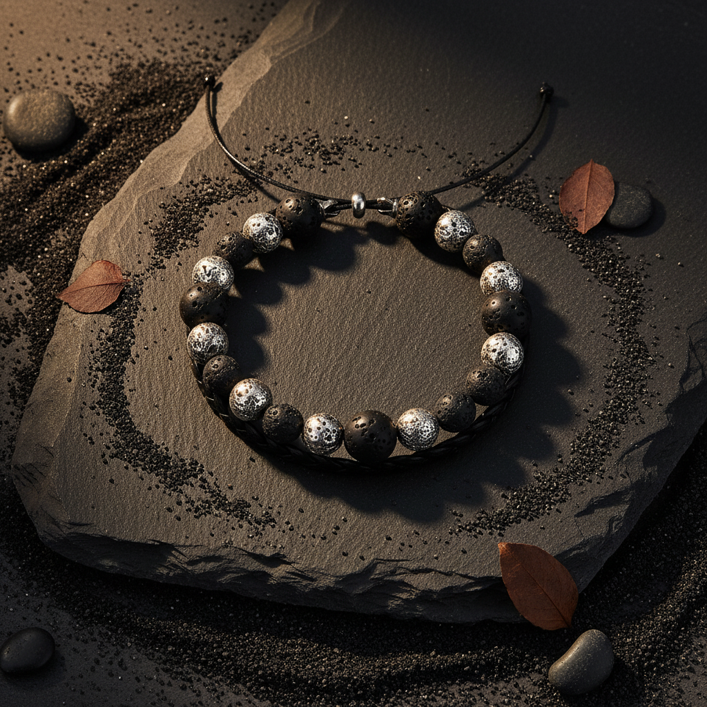 Flat lay Bracelet Pierre de Lave fond sombre