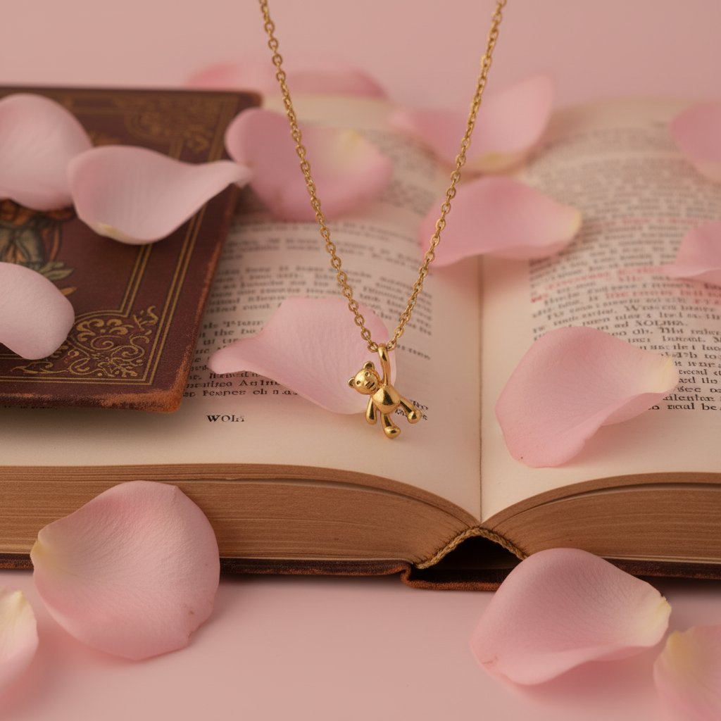 Collier pendentif ourson doré - mise en scène livre et pétales de roses