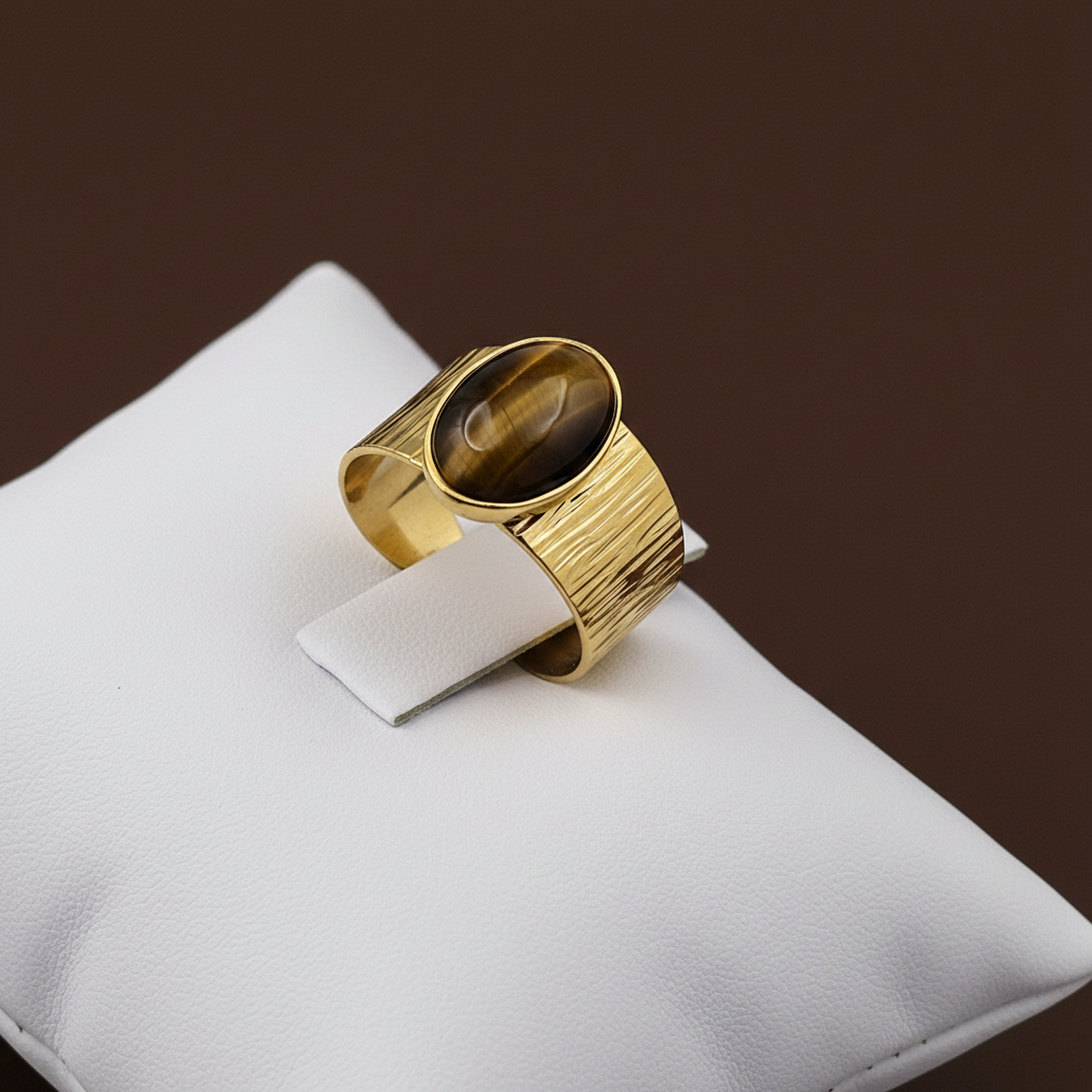 Bague Unisex large striée réglable - Œil de tigre