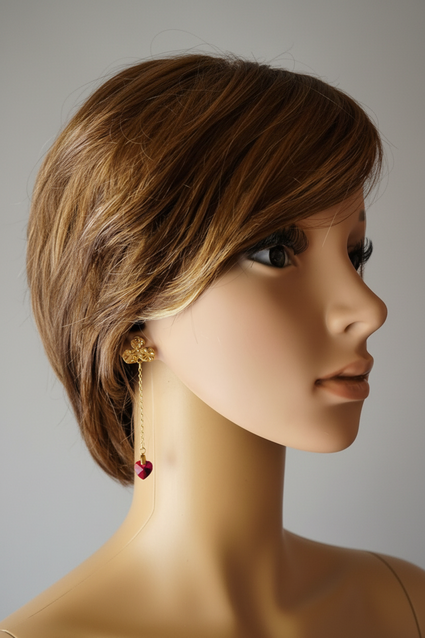 Mannequin portant les boucles d'oreilles B605 - fleurs dorées et cœurs cristal rouge
