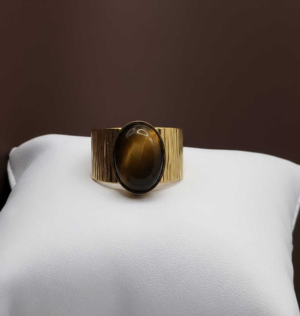 Bague Unisex large striée réglable - Œil de tigre