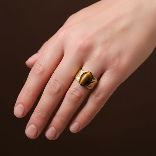Bague large striée œil de tigre portée sur main homme - fond chocolat