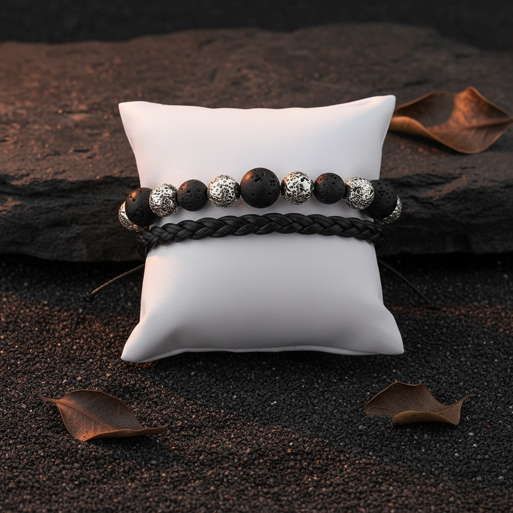 Bracelet Pierre de Lave 2 rangs sur coussin - fond ardoise volcanique