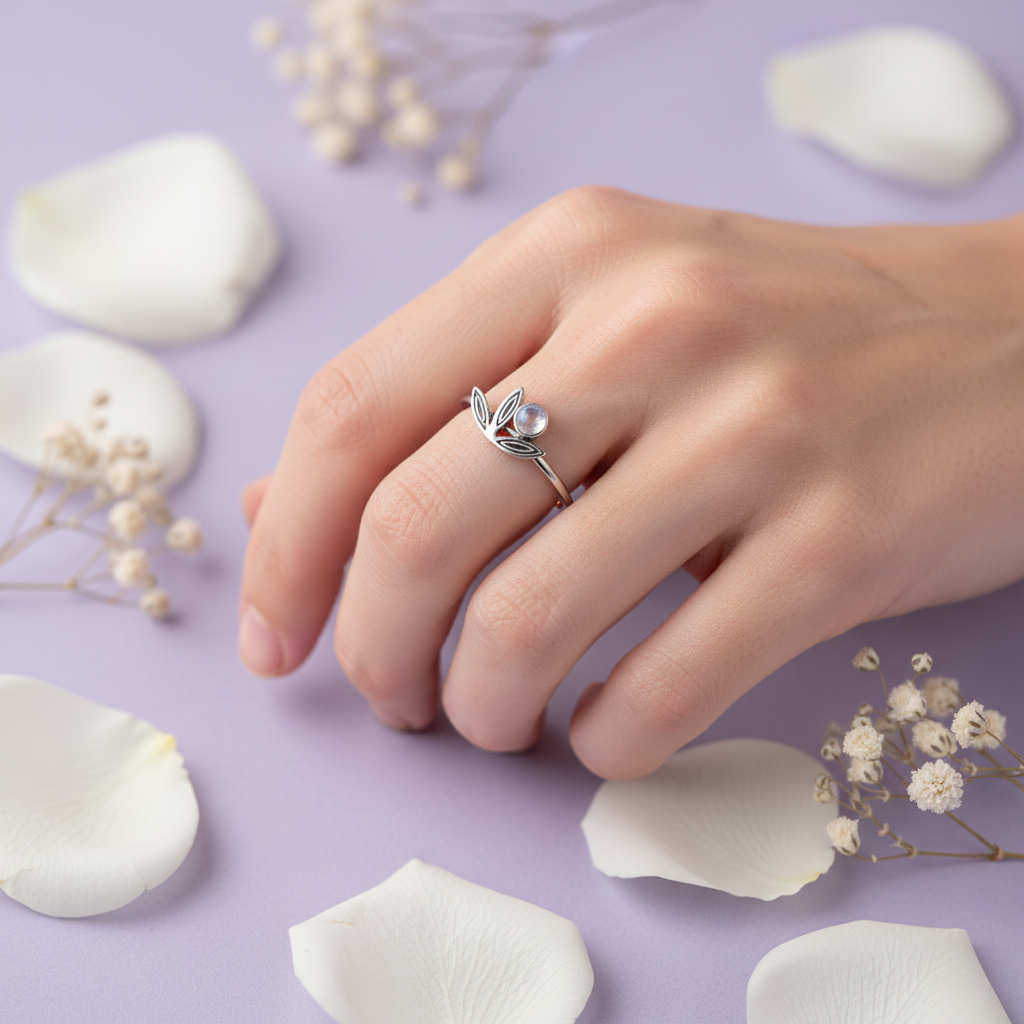 Bague cabochon Pierre de Lune B580 portée au doigt - fond lavande décoratif