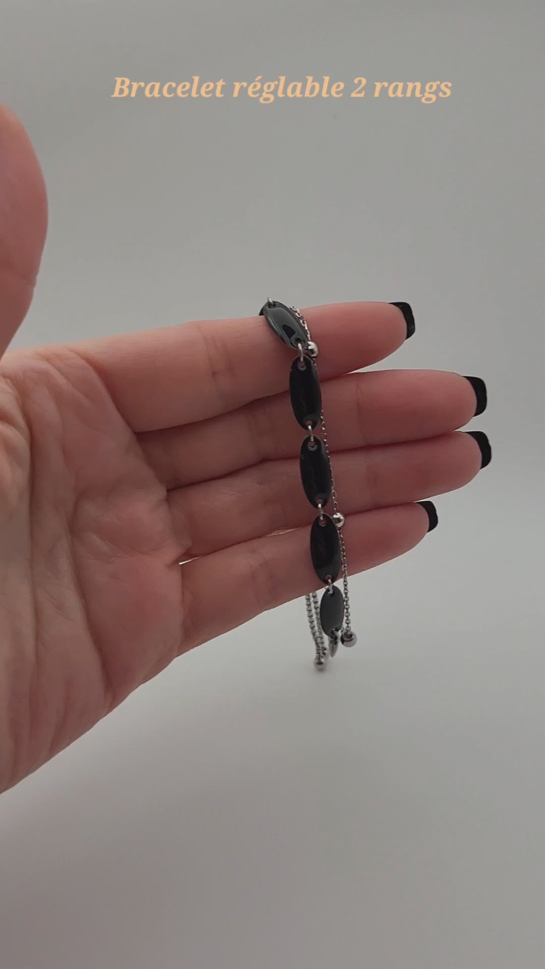 Bracelet Double Rang – Intercalaires Ovales Résine Noire et Chaîne Argentée